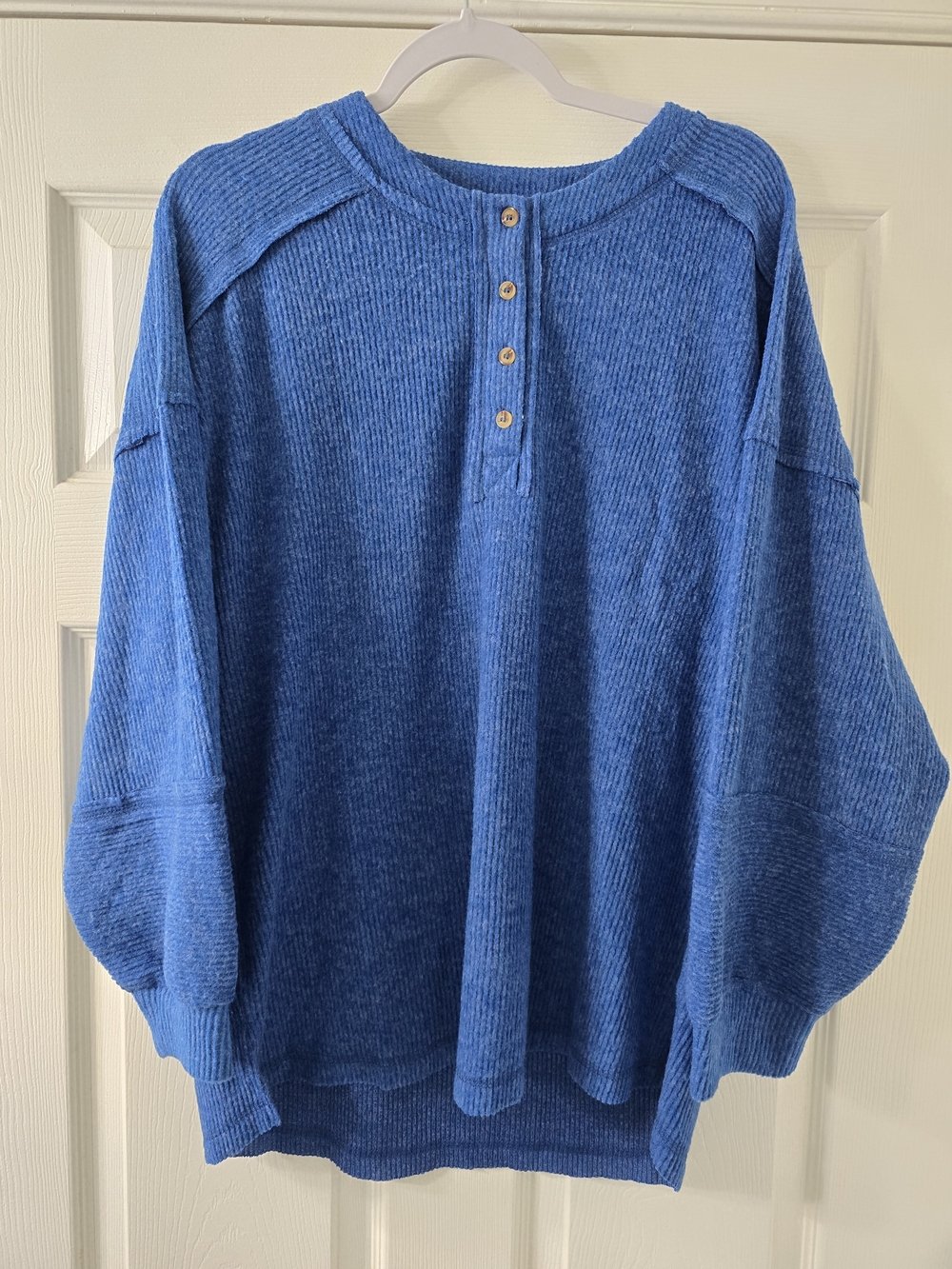 Zenana Blue Brushed Hacci Melange Henley Sweater - L/XL